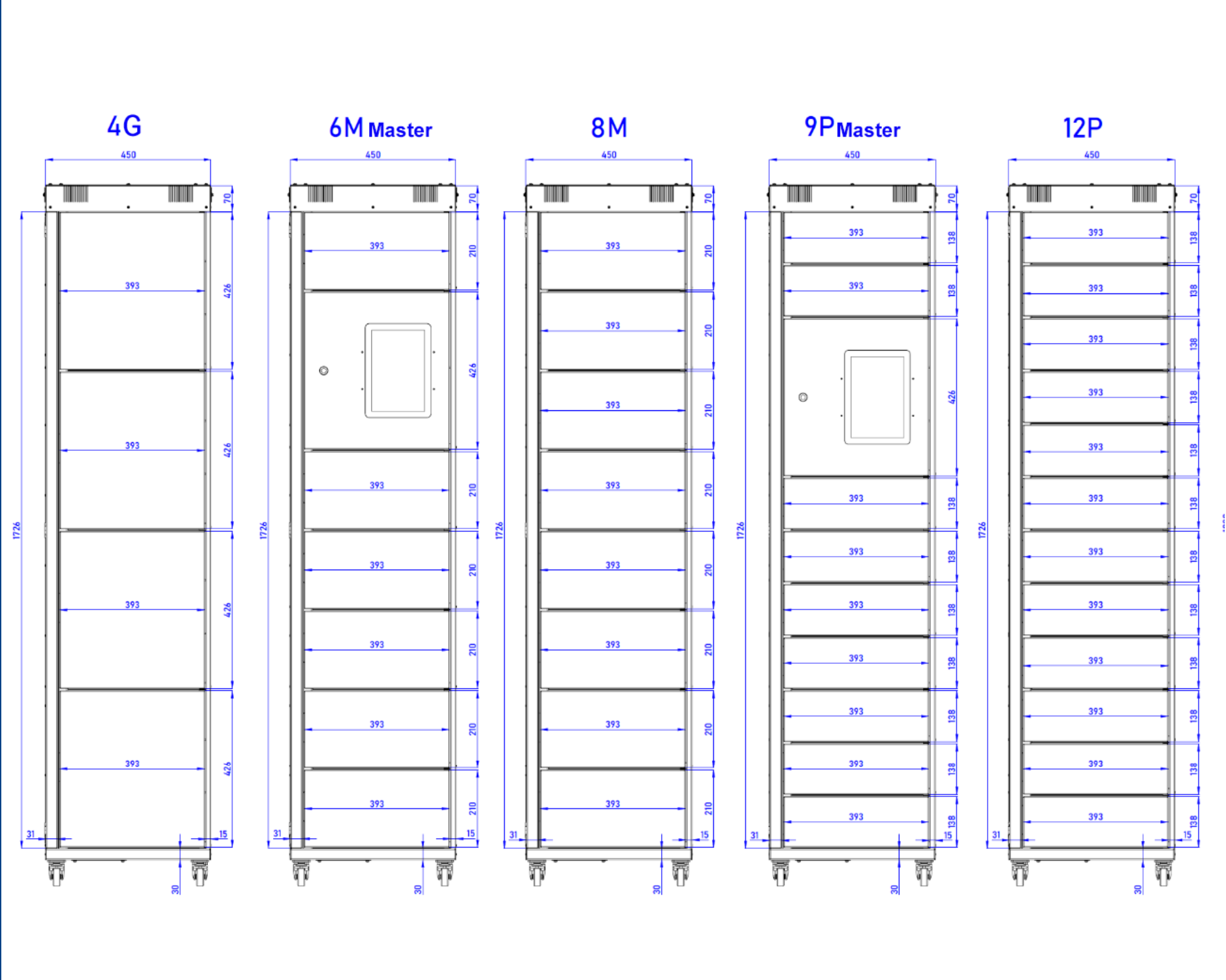 Modelos de equipamentos Smart Locker: 4G, 6M Master, 8M, 9P Master, 12P